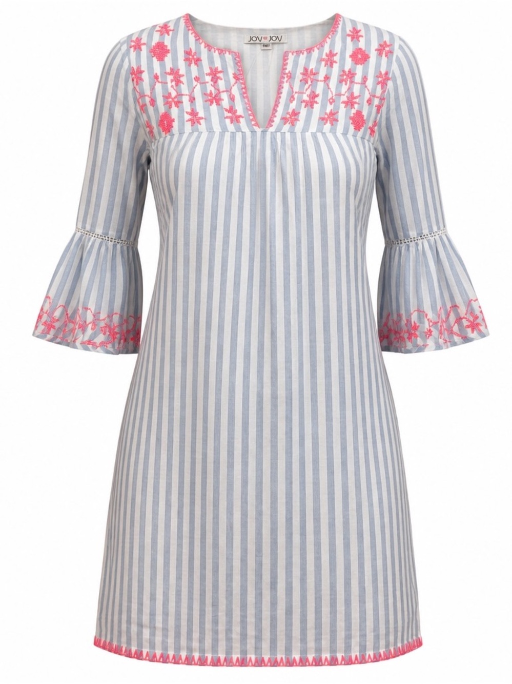 Joy Joy Blue and White Striped Mini Dress with Pink Embroidery